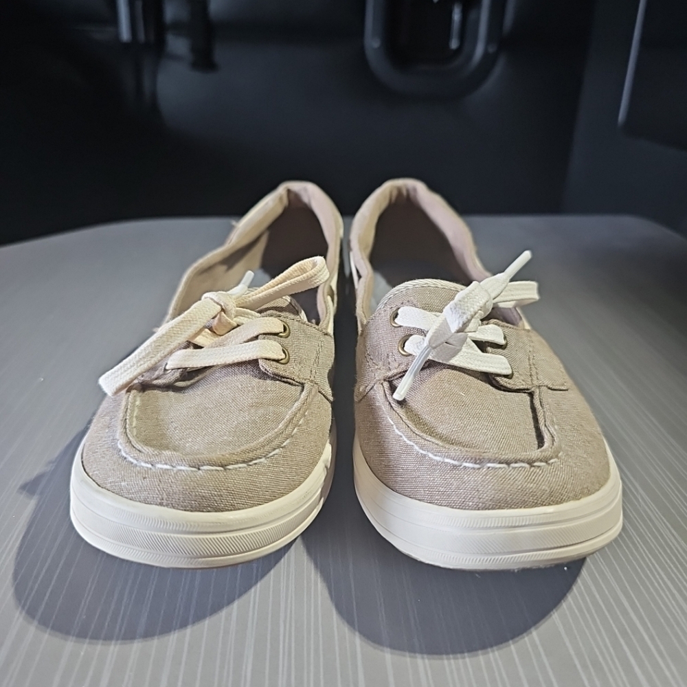 Keds Womens 6 Ortholite 2 Eye Boat Beige Fabric Slip On Moc Toe WF57105 PreOwned - Picture 3 of 10